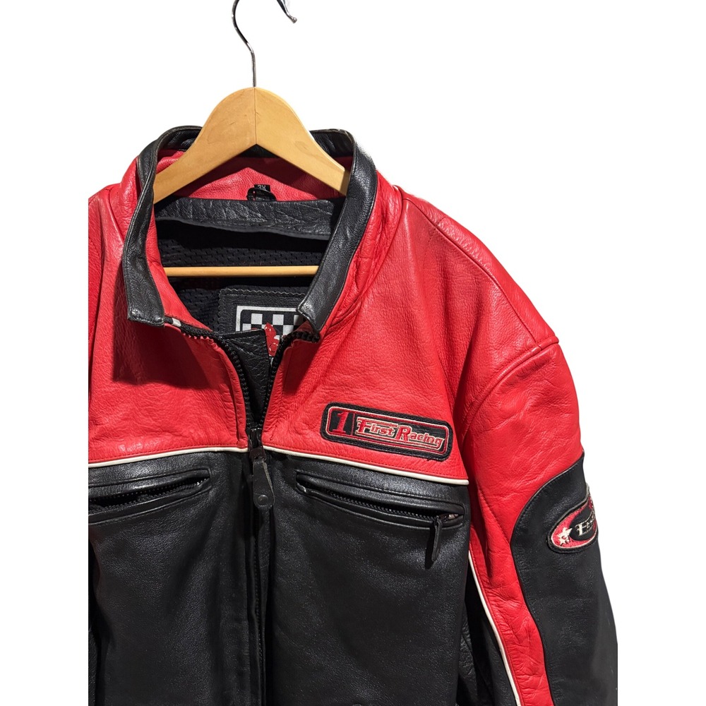 First Racing Vintage Leather Motorcycle Jacket Red Black Mens 3X Zip Up Biker